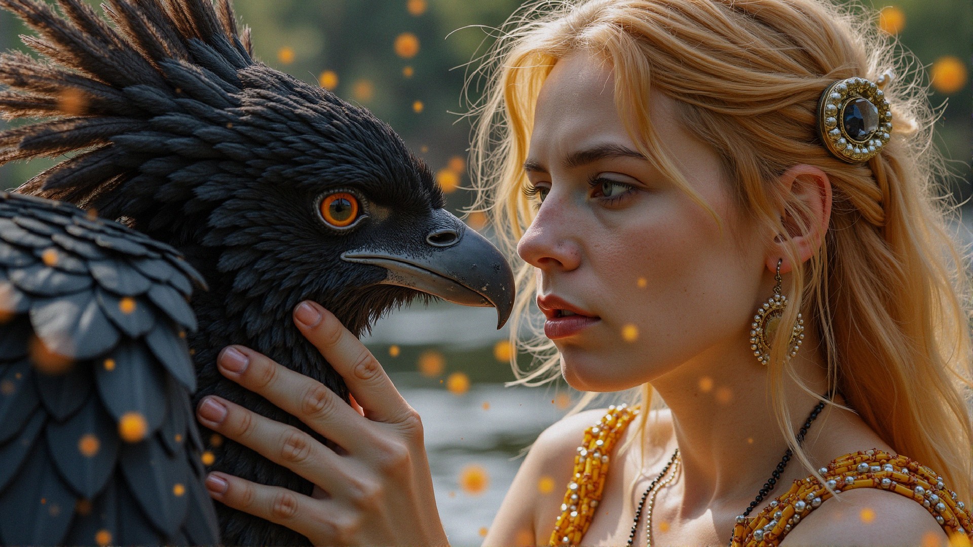 Young woman with black bird in serene setting