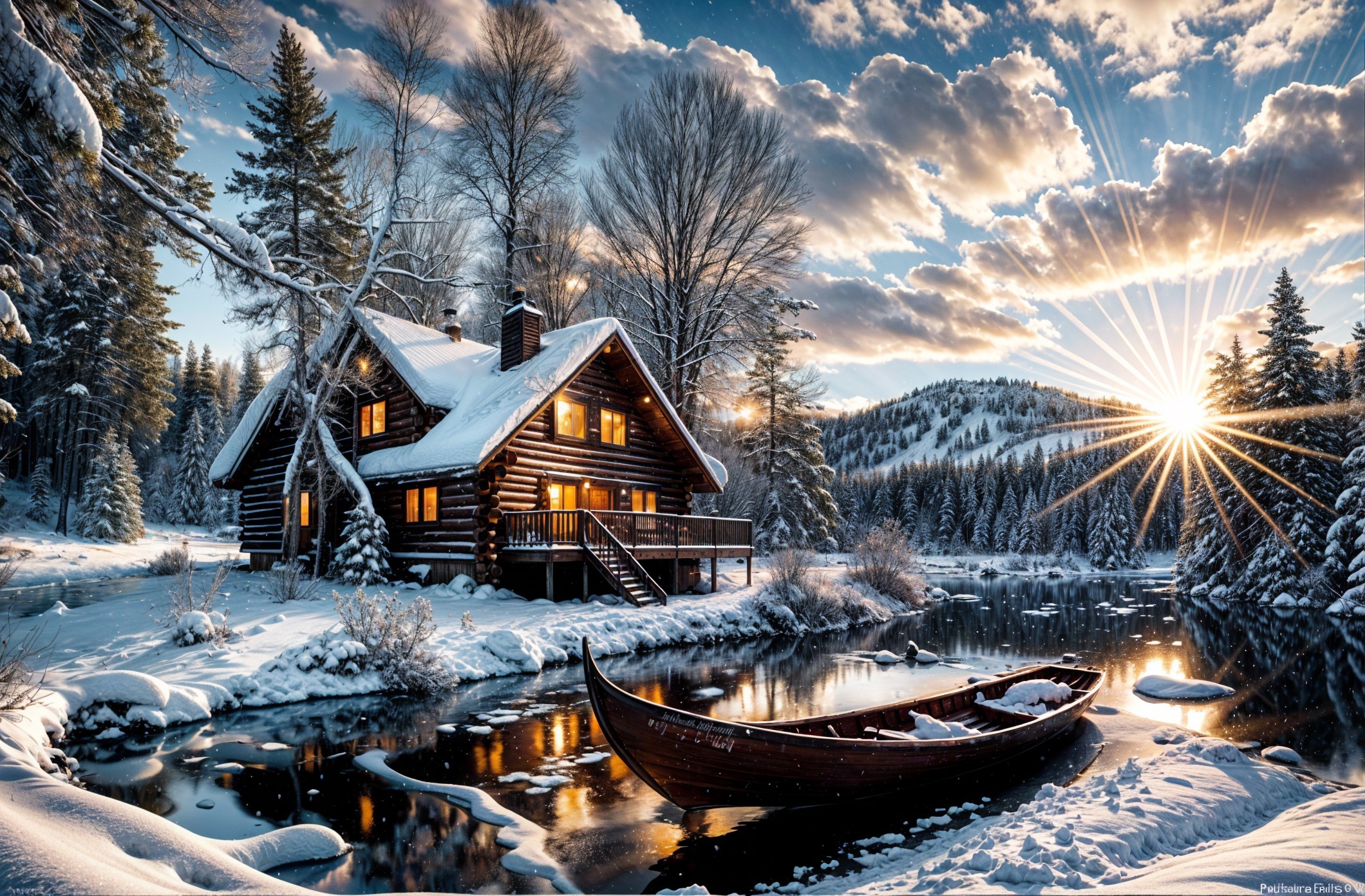 Winter Landscape at Sunset with Snowy Forest and Cabin