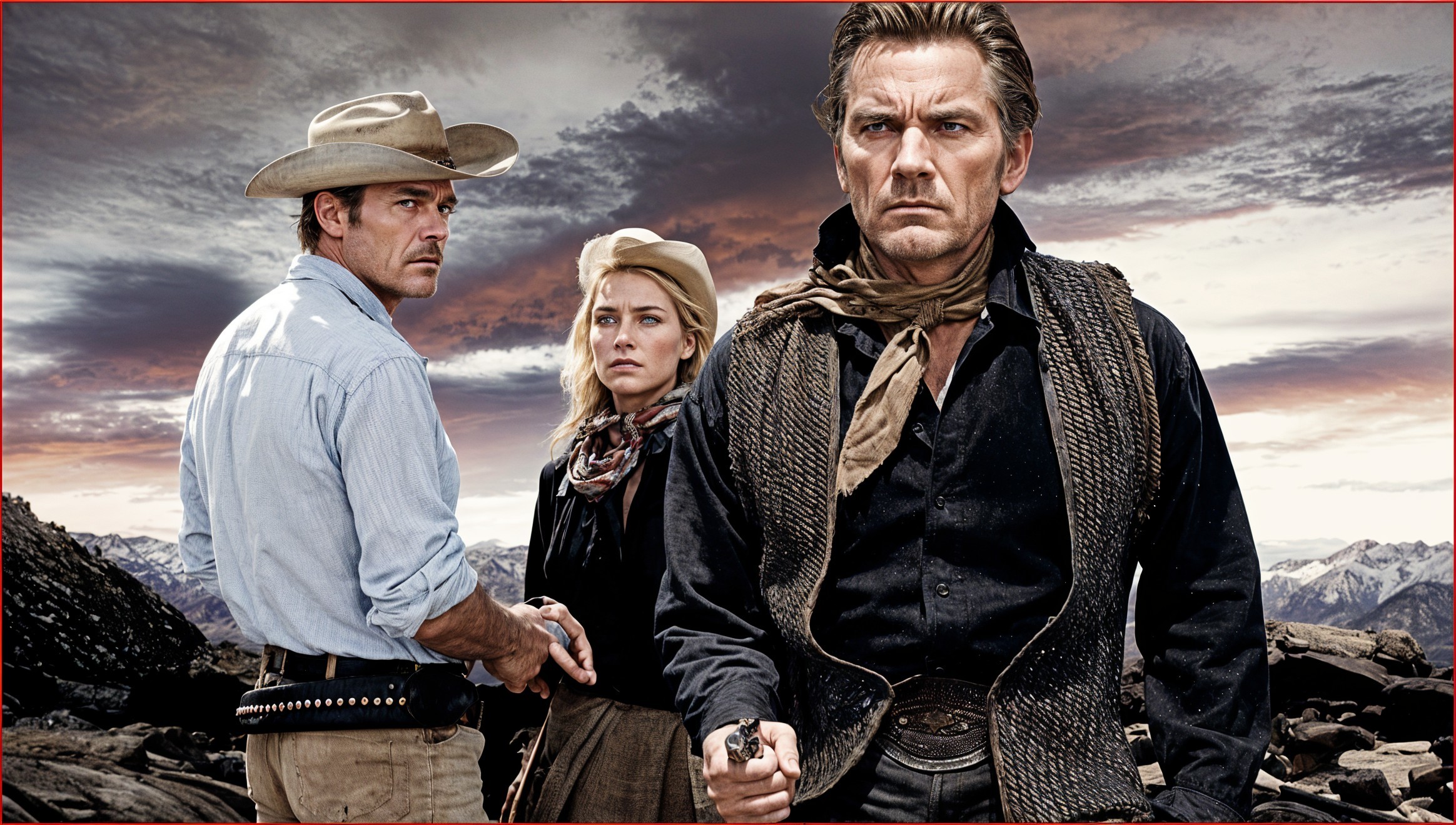 Three Characters in Dramatic Western Mountain Scene