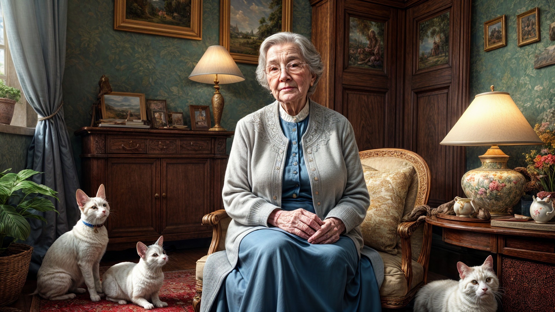 Elderly Woman in Cozy Room with Playful Cats