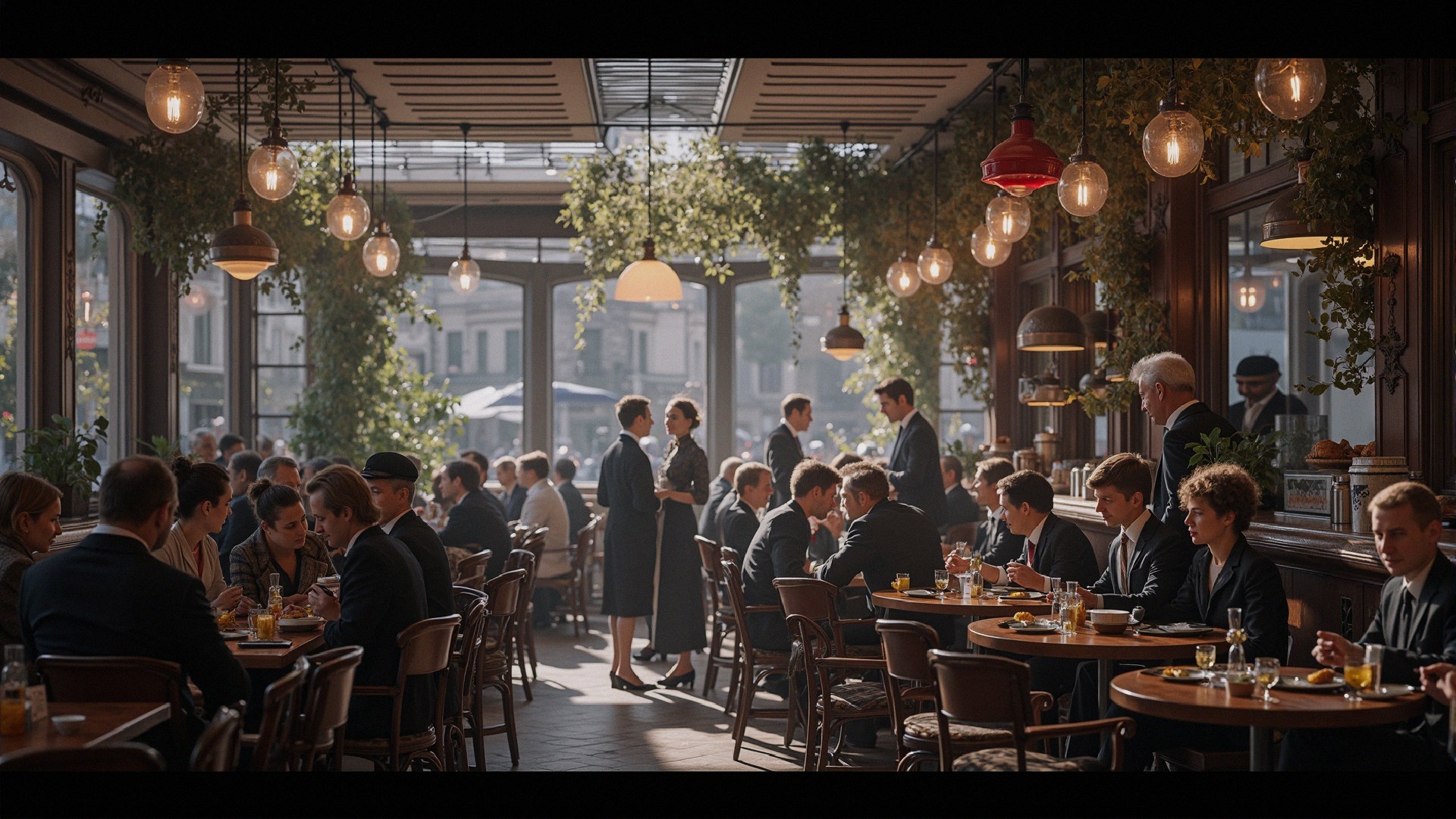 Elegant Restaurant Scene with Lively Patrons and Decor