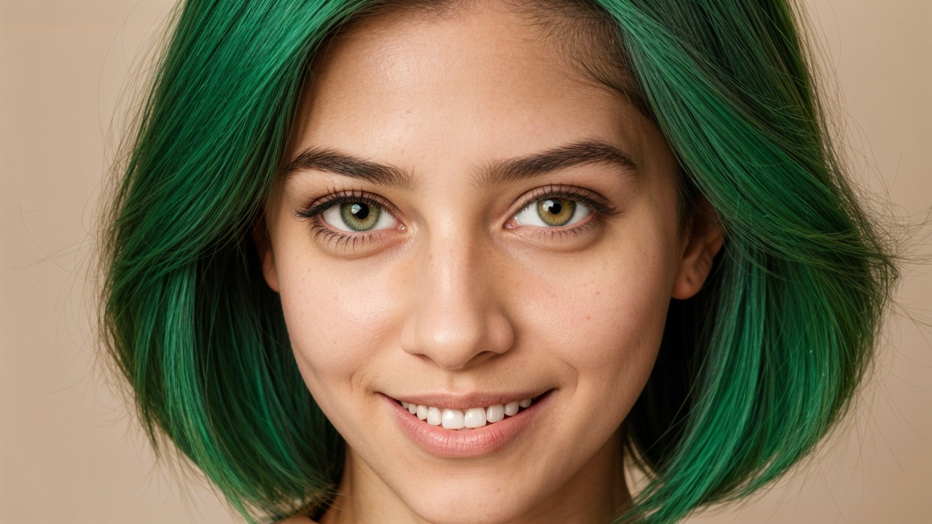 Young woman with green hair and eyes smiling softly
