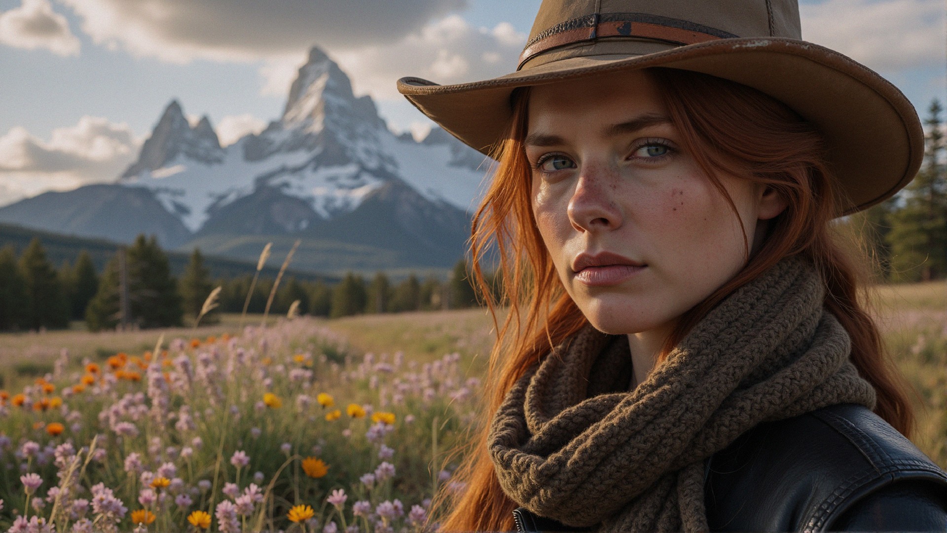 Young woman in field of wildflowers with mountains