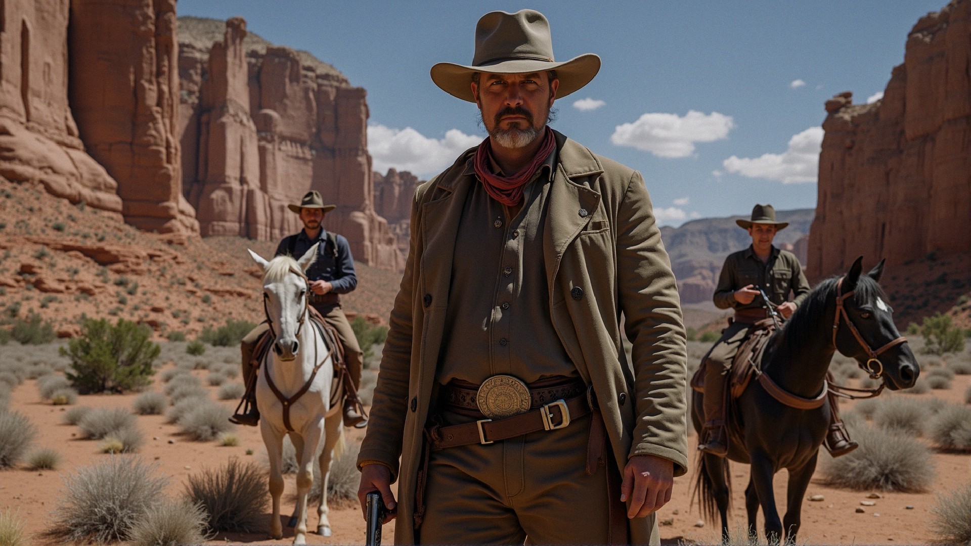 Cowboys Riding in Desert Landscape with Rock Formations