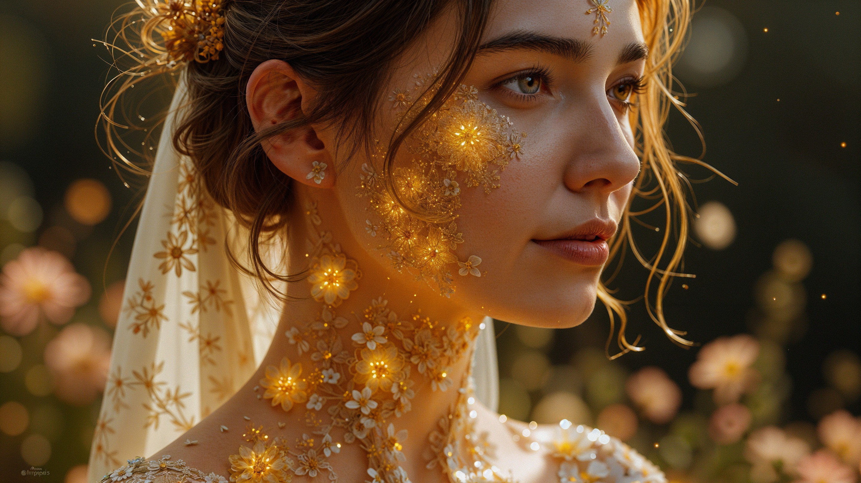 Young woman in floral adornments in a dreamy garden