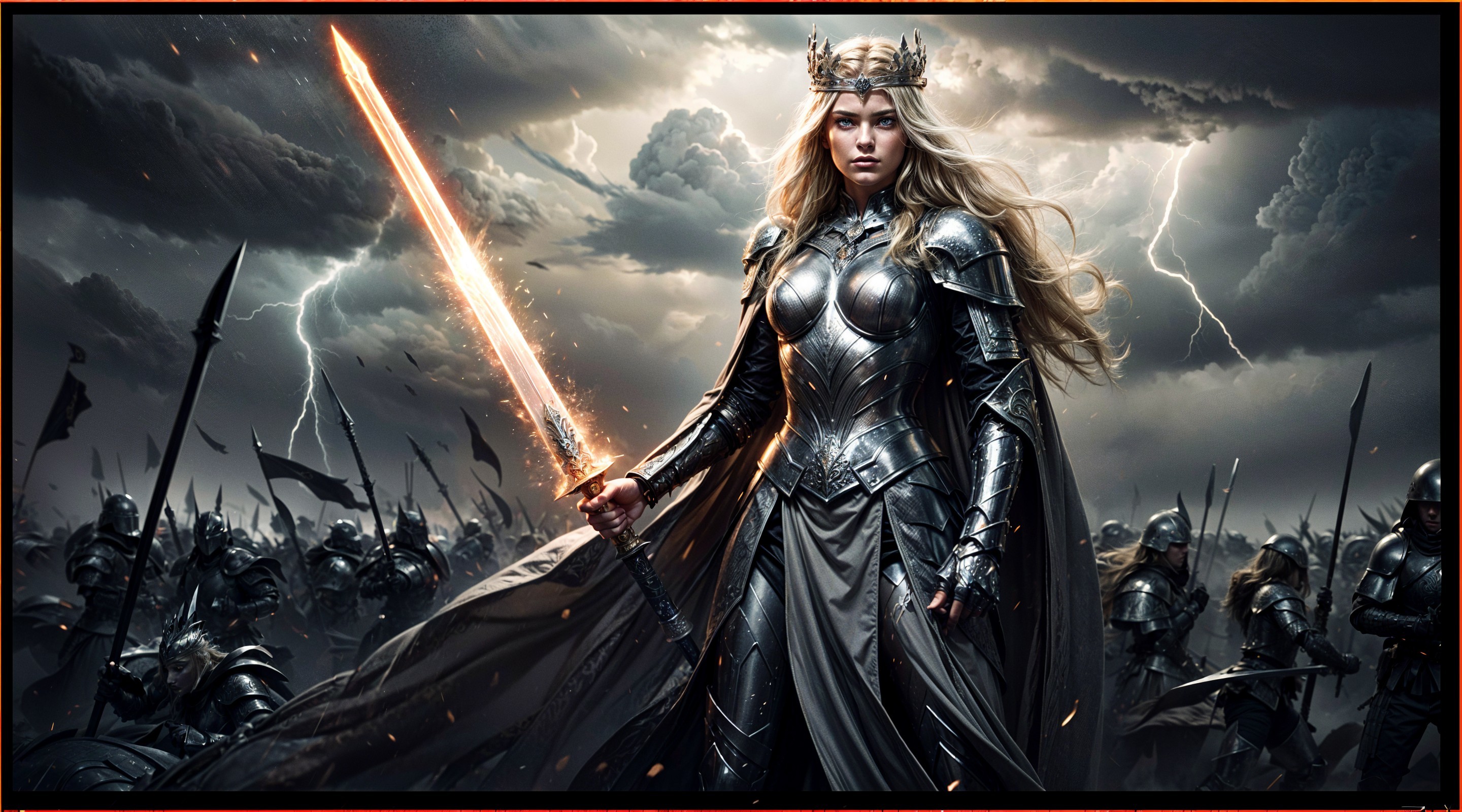 Warrior Queen in Armor with Fiery Sword and Army