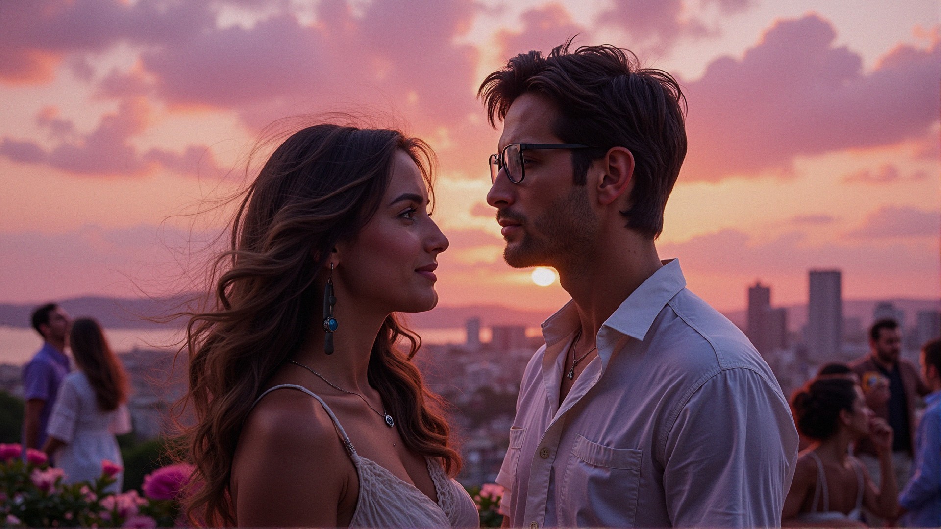 Couple Silhouetted Against Vibrant Sunset Colors