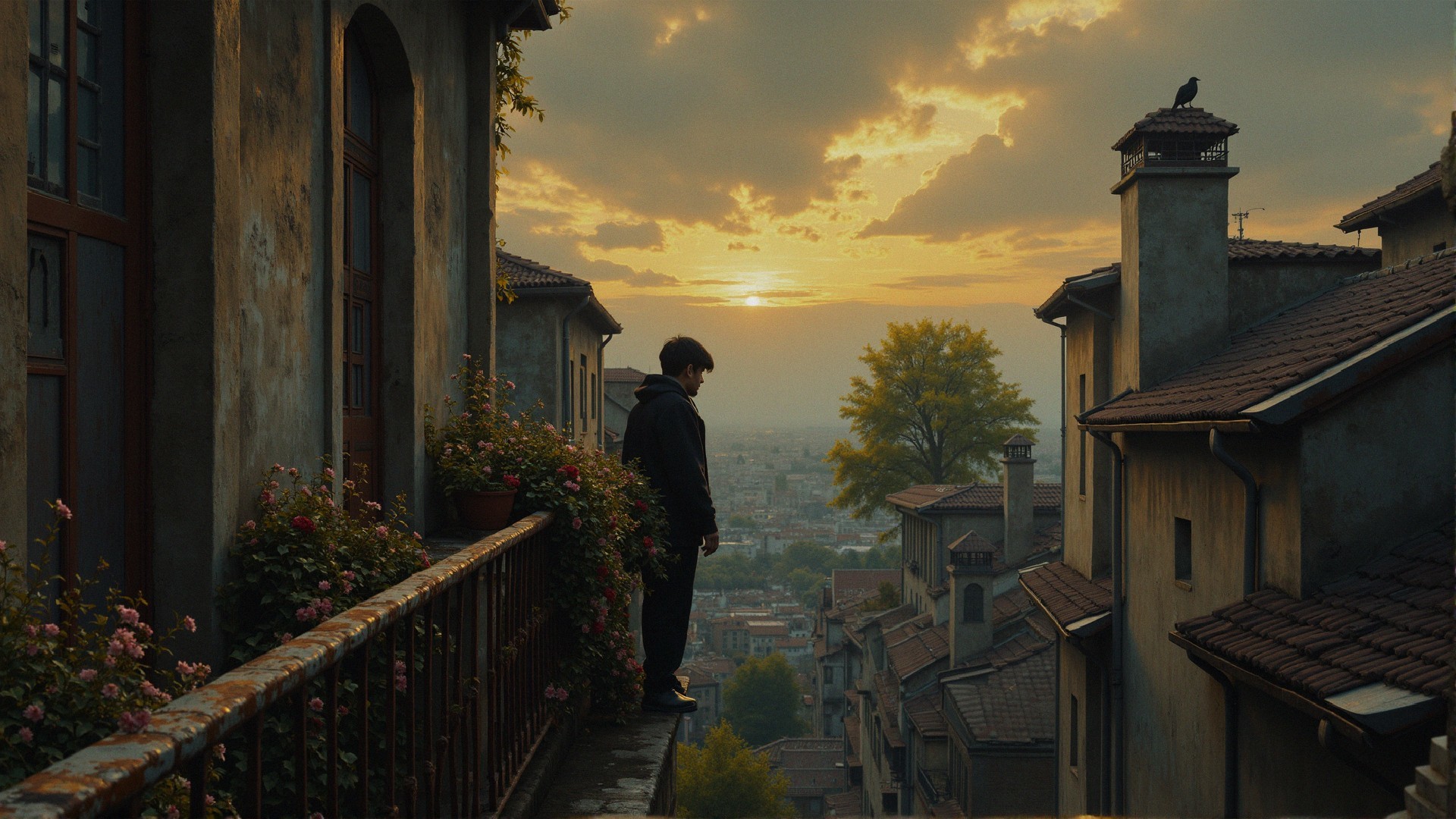 Solitary Figure on Balcony Overlooking City at Sunset