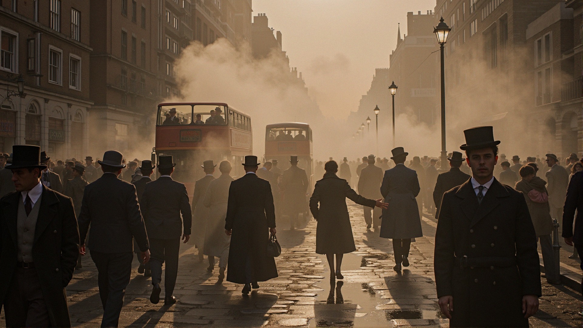 Early 20th Century Bustling Street Scene in Mist