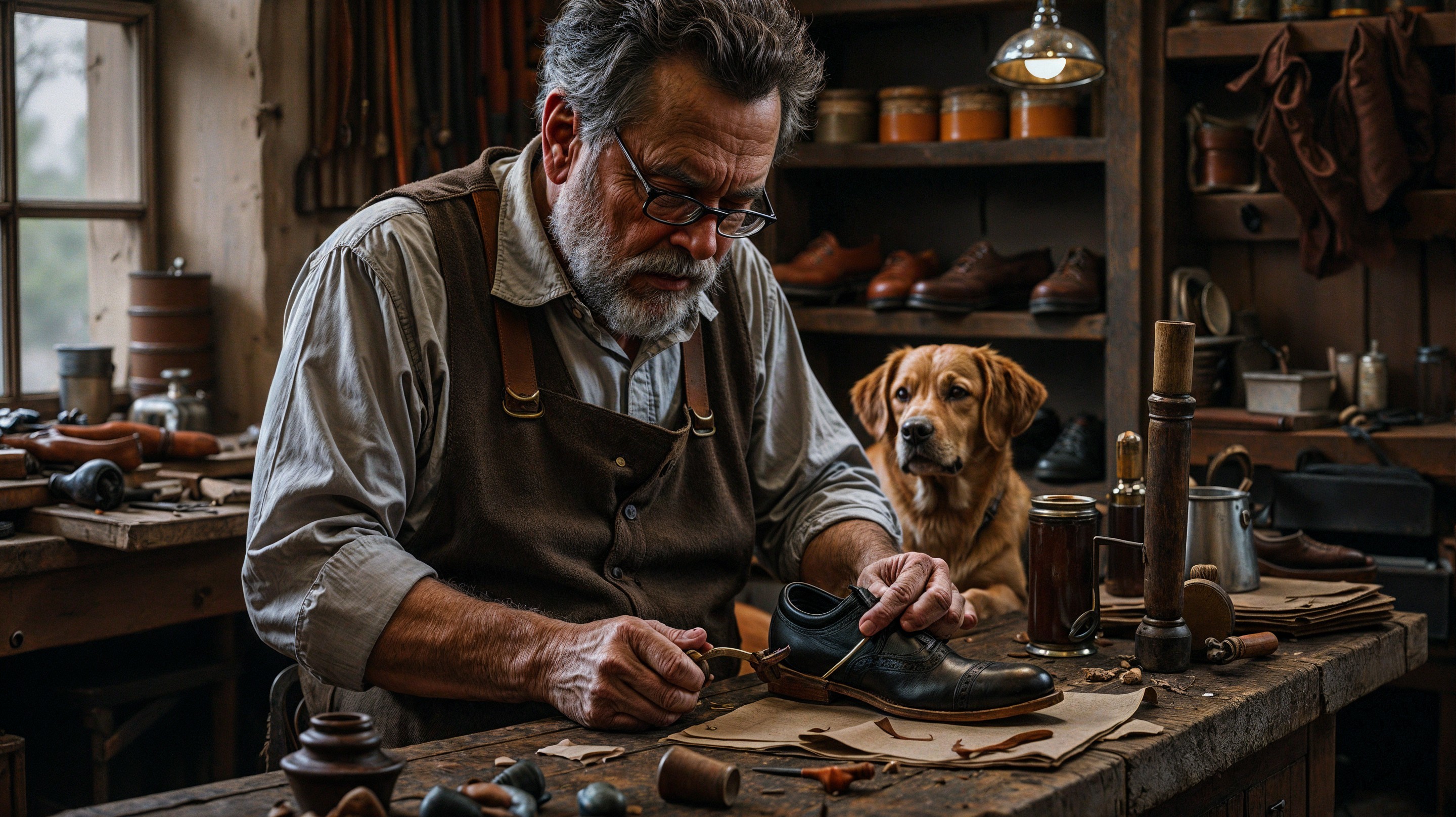 Cobbler's Workshop with Artisan and Golden Retriever