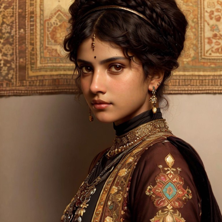 Traditional jewelry woman with braided hair in embroidered blouse against tapestry