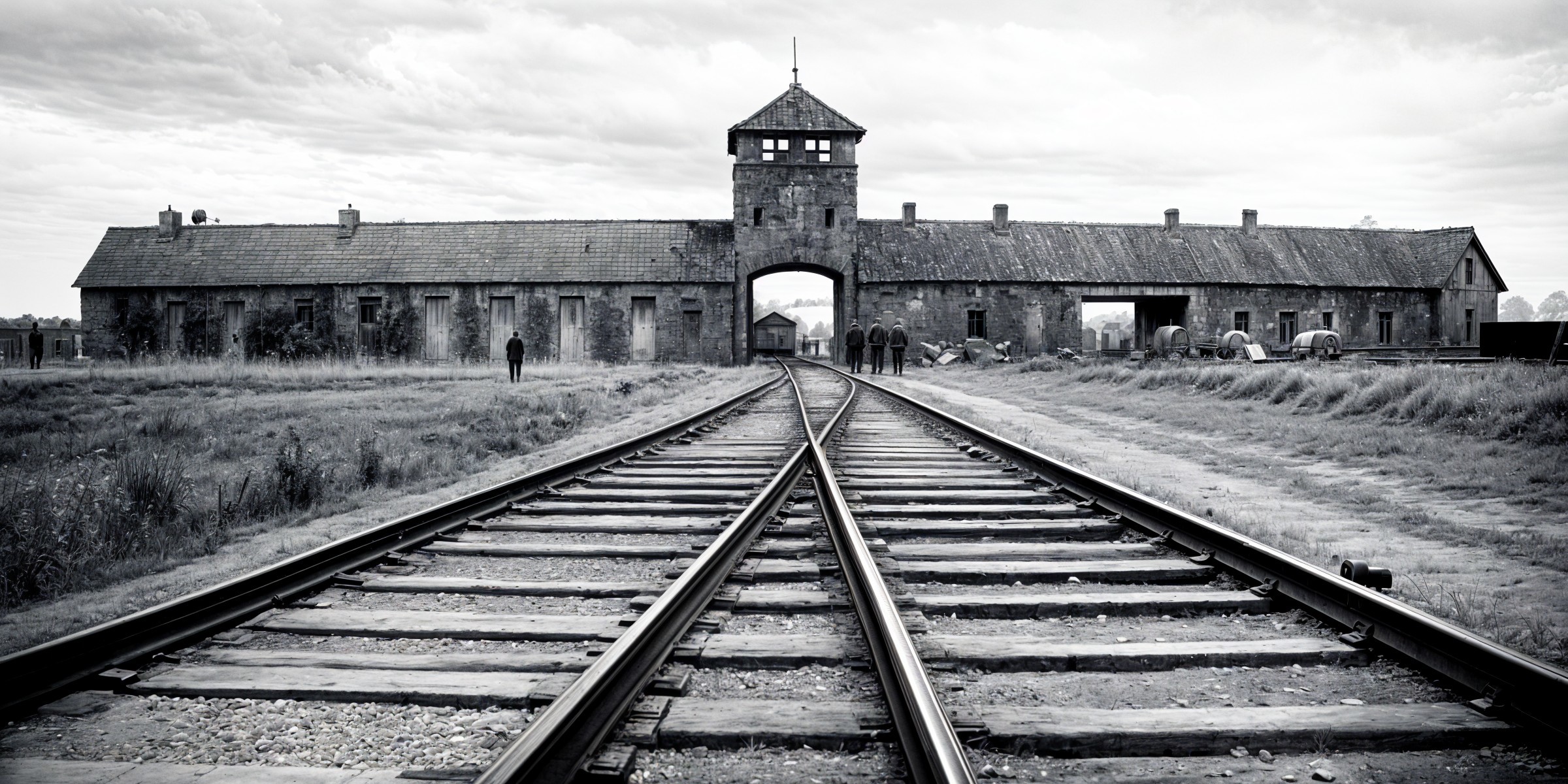 Entrance to Auschwitz with Railroad Tracks and Gatehouse