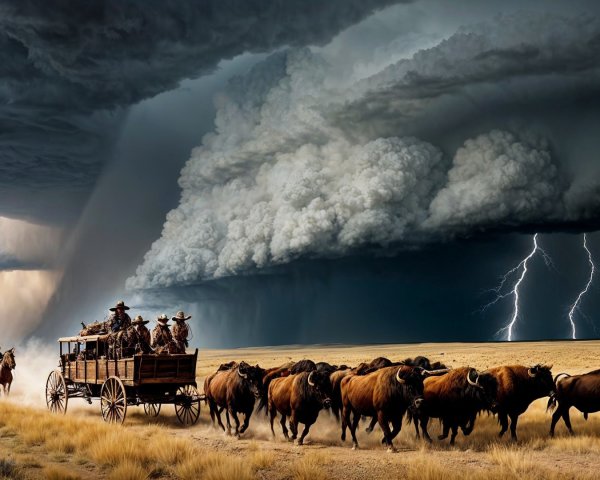 Thunderstorm Over Cowboys Herding Bison on Plains