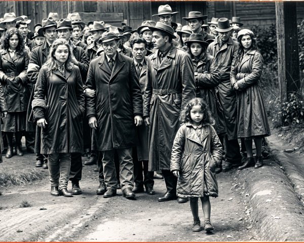 Group of People in Long Coats on a Dirt Road Scene