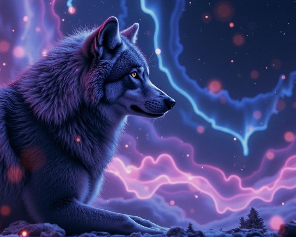 Majestic Wolf Against Cosmic Aurora Background