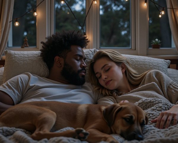 Cozy Bedroom Scene with Couple and Dog in Soft Light