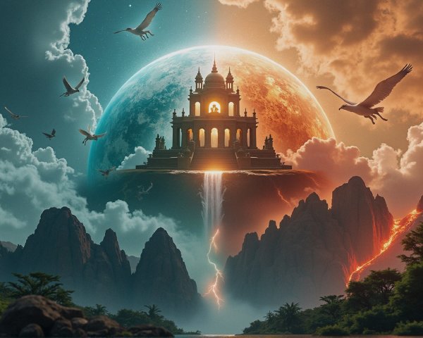 Majestic Castle Landscape Under Crescent Moonlight