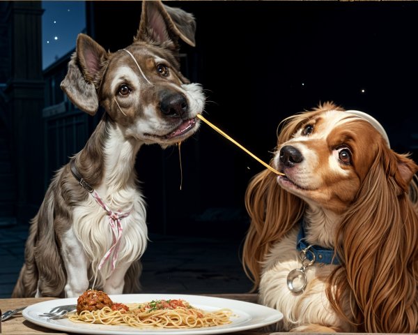 Dogs Sharing Spaghetti at a Cozy Dinner Table