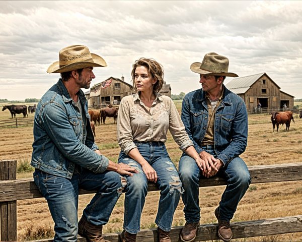 Cowboy Characters on a Wooden Fence in Rural Setting
