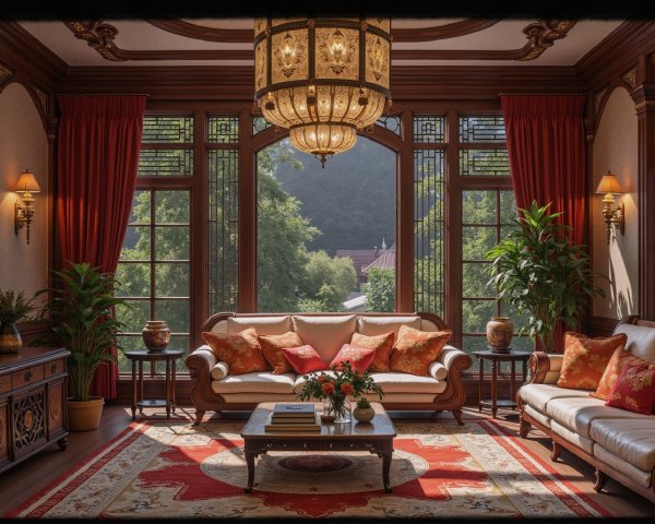 Elegant Living Room with Wooden Accents and Large Windows