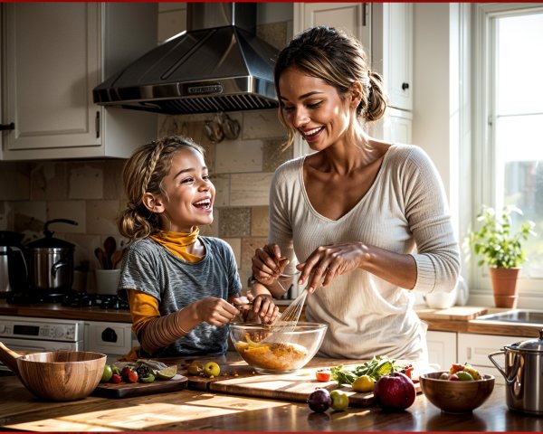 Joyful Mother and Daughter Cooking Together in Kitchen