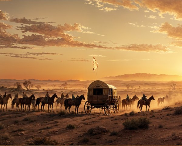 Panoramic Sunset View of Western Landscape with Horsemen