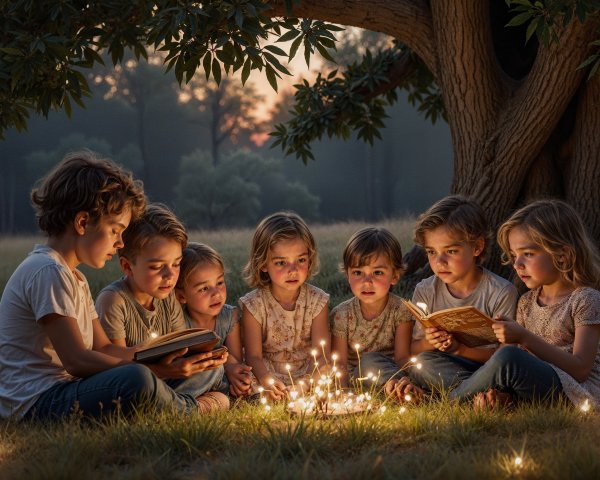 Children Reading Beneath a Tree at Dusk