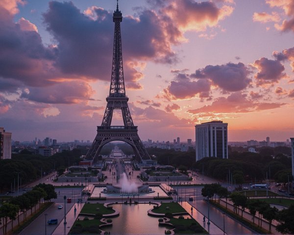 Sunset View of Eiffel Tower with Vibrant Sky Colors