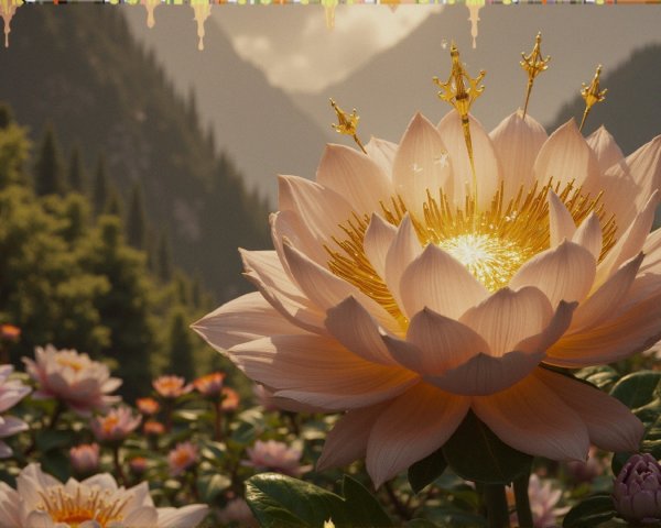Blooming Lotus Flowers in a Serene Mountain Landscape