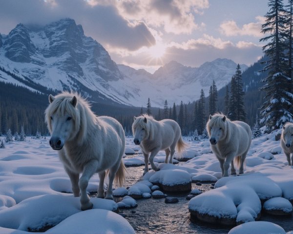 Winter Landscape with White Horses in Snowy Scene