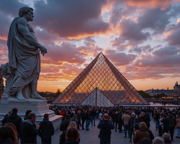 Vibrant Sunset Over the Louvre and Glass Pyramid