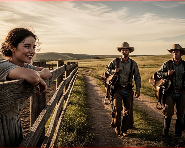 Smiling Woman in Sunlit Rural Landscape with Cowboys