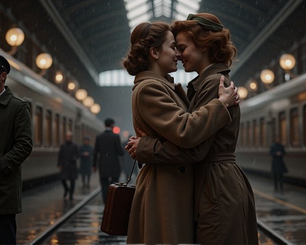 Vintage Train Station Scene with Women Embracing