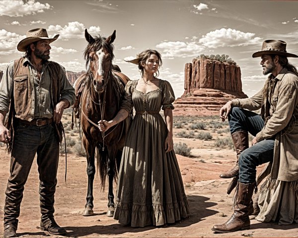 Desert Scene with Three Figures in Western Setting