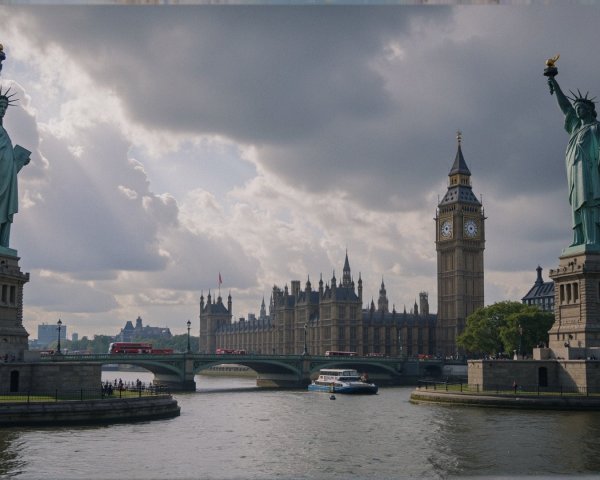 River View with Statues and Houses of Parliament