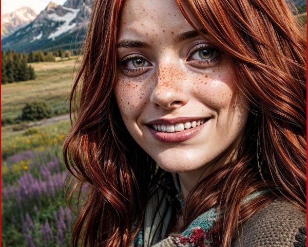 Young woman with red hair in scenic mountain setting