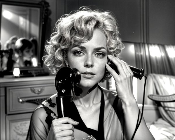 Woman with Curly Hair and Vintage Telephone in B&W