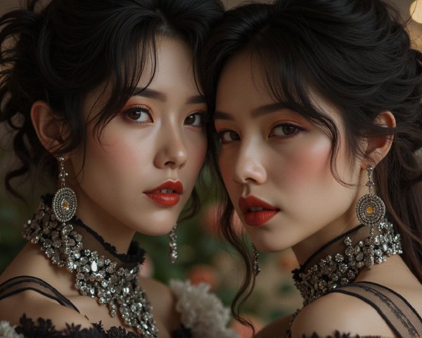 Elegant Women in Dark Lace with Floral Backdrop