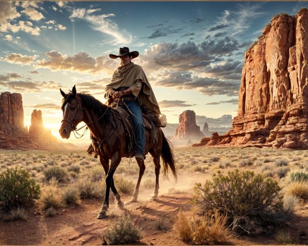 Cowboy on Horse in Desert Landscape at Sunset