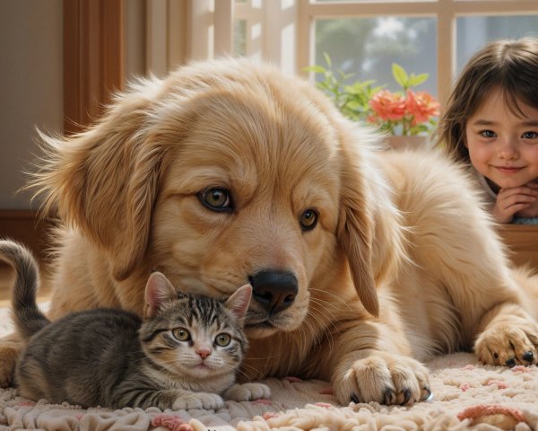 Golden Retriever and Tabby Kitten in Cozy Room
