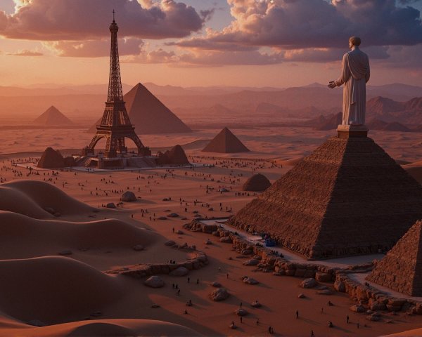 Surreal Landscape with Iconic Landmarks and Sunset Hues