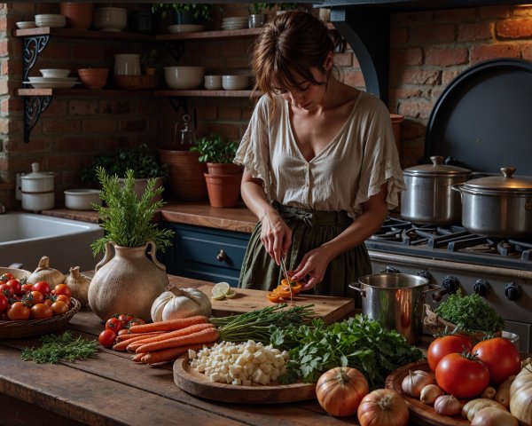 Cozy Kitchen with Rustic Charm and Fresh Vegetables