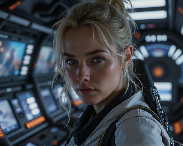 Young Woman in Futuristic Spaceship Cockpit