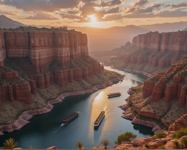 Canyon Landscape at Sunset with River and Cliffs