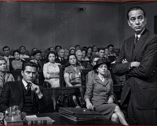 Dramatic Black-and-White Courtroom Scene Description