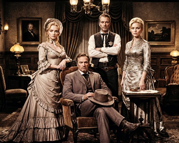 Four individuals in vintage attire in a dimly lit room