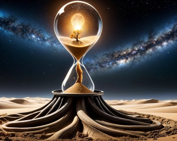 Surreal Hourglass in Desert Landscape with Glowing Tree