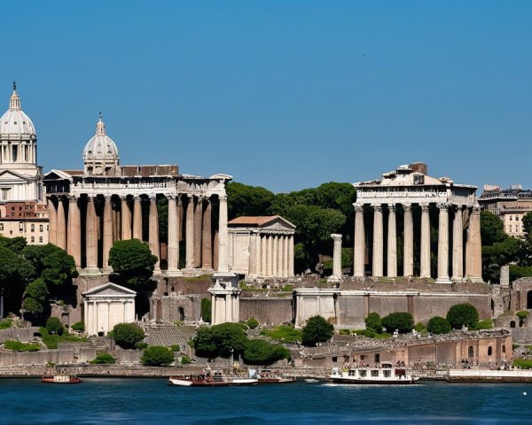 Ancient Roman Ruins with Lush Greenery and River