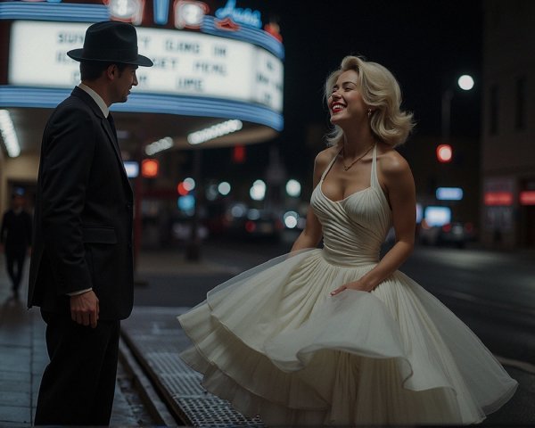 Glamorous Couple on a Vintage Movie Theater Street