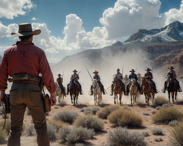Cowboy Confronts Riders in Dramatic Desert Landscape